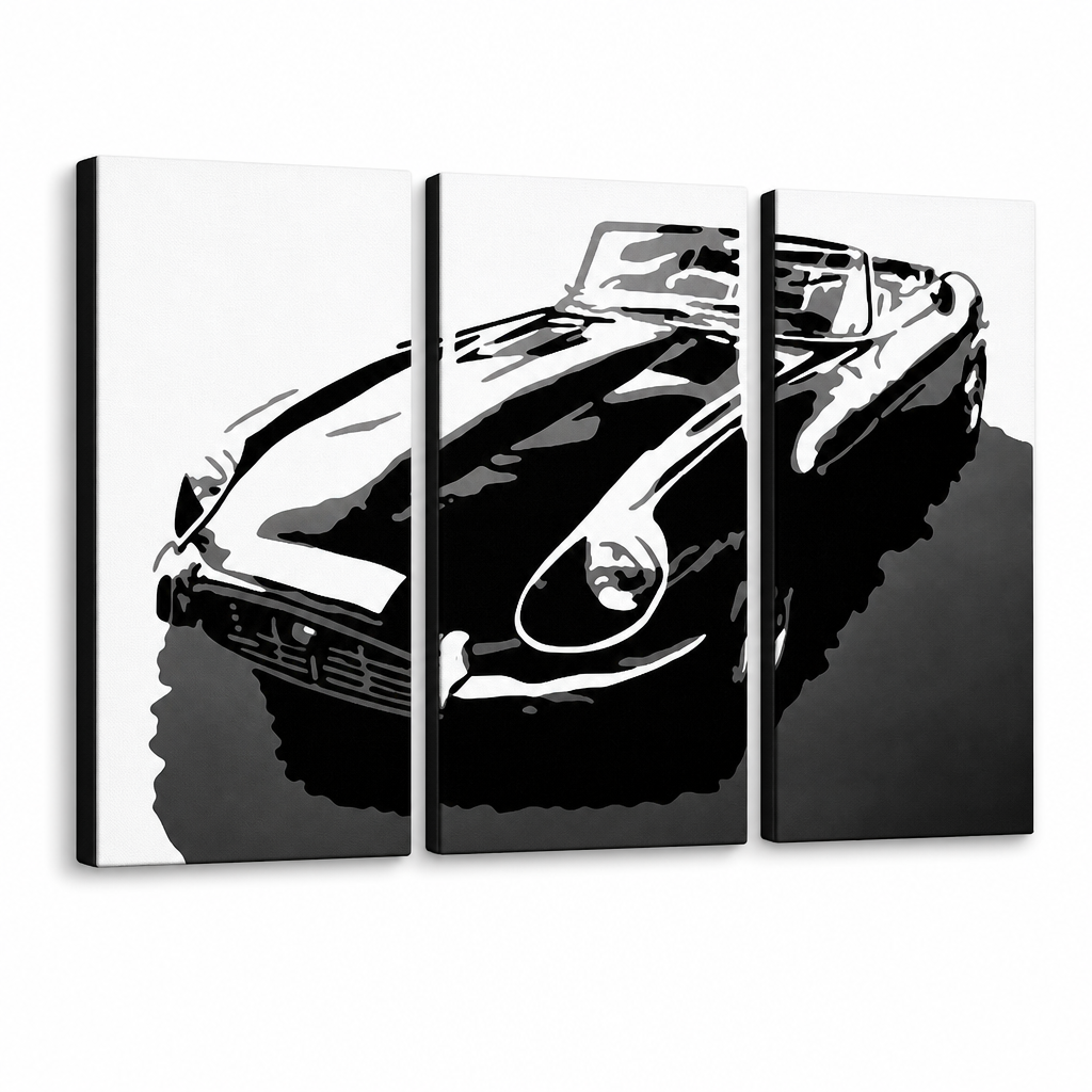 Ručno oslikana POP Art slika JAGUAR od 3 komada – 3D визуелизација ручно осликаног платна на белој позадини. Доминантне боје: црна, бела, сива.