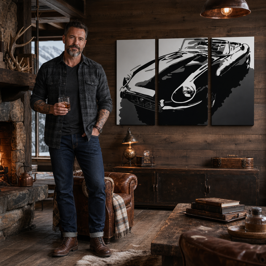 Ručno oslikana POP Art slika JAGUAR od 3 komada – слика у модерном мушком ентеријеру, lifestyle визуелизација. Доминантне боје: црна, бела, сива.