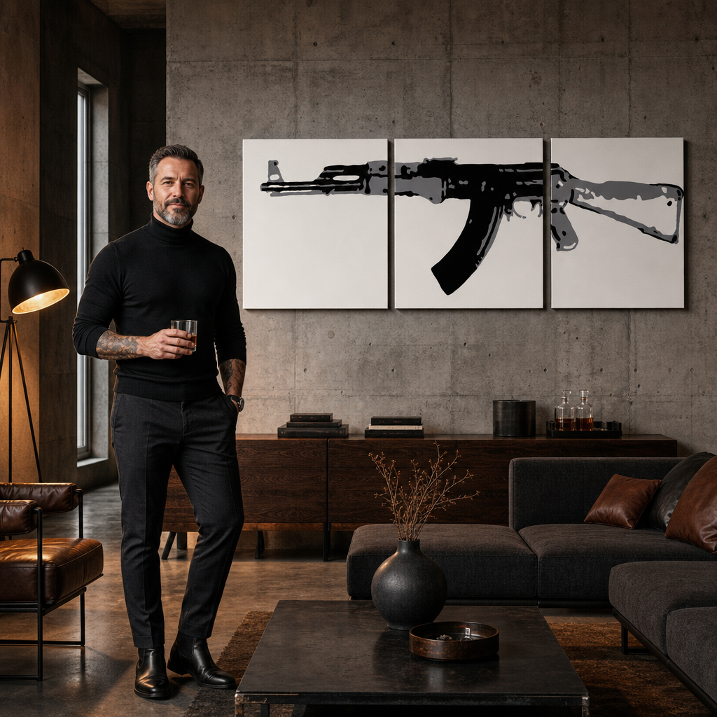 Ručno oslikana POP art slika Kalašnjikov ka od 3 dela – слика у модерном мушком ентеријеру, lifestyle визуелизација. Доминантне боје: црна, сива, бела.