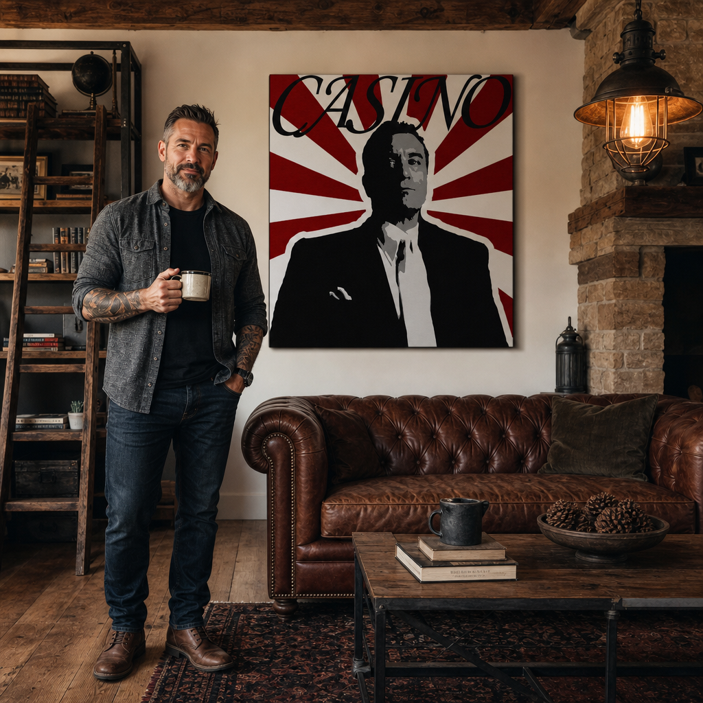 Ručno oslikana POP art slika KAZINO 1 deo kase – слика у модерном мушком ентеријеру, lifestyle визуелизација. Доминантне боје: црна, црвена, бела.