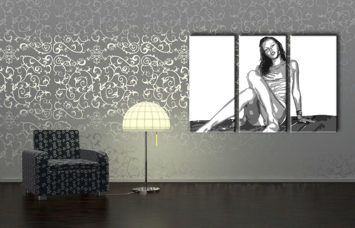 Pop art slika na platnu s motivom Kate Moss, priroda u belo-crnih nijansama okačena u enterijeru dnevnog boravka, lepota | Ručno slikan POP Art slika Kate Moss – enterijer