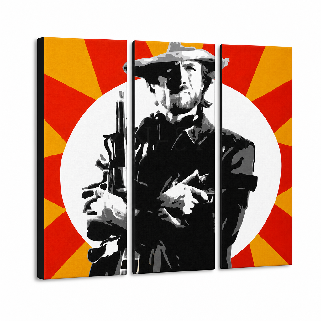 Ručno oslikana POP art slika Klinta Istvuda, 3 dela ce2 – 3D визуелизација ручно осликаног платна на белој позадини. Доминантне боје: црна, жута, црвена, бела.