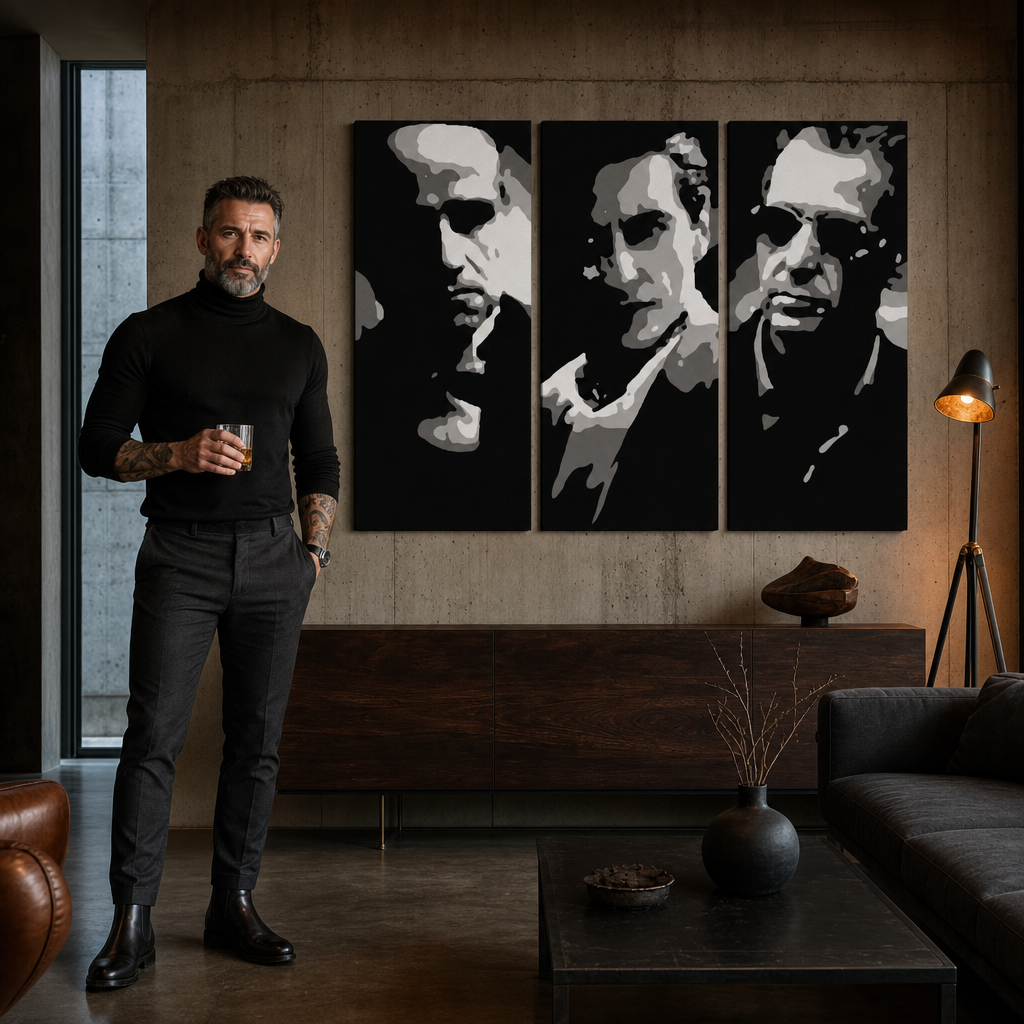 Ručno oslikana POP art slika KUM 3 dela bog 2 – слика у модерном мушком ентеријеру, lifestyle визуелизација. Доминантне боје: црна, бела, сива.