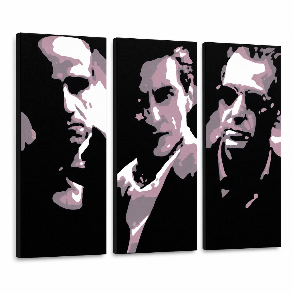 Ručno oslikana POP art slika KUM od 3 dela god3 – 3D визуелизација ручно осликаног платна на белој позадини. Доминантне боје: црна, розе, бела.