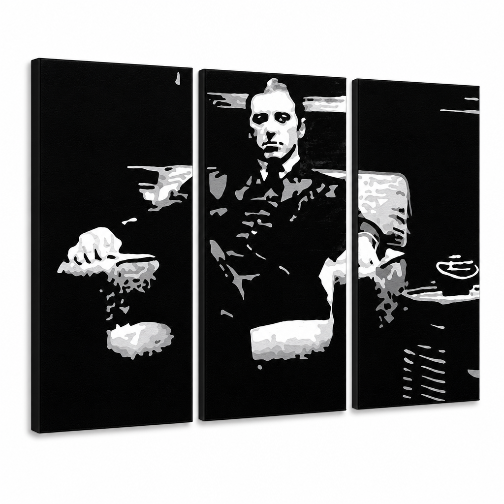 Ručno oslikana POP art slika KUM od 3 dela god8 – 3D визуелизација ручно осликаног платна на белој позадини. Доминантне боје: црна, бела, сива.