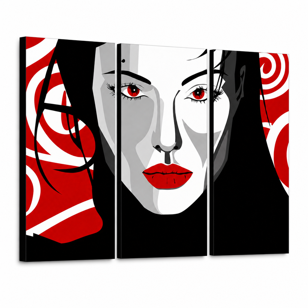 Ručno oslikana POP art slika Lepa ŽENA od 3 dela nwoman – 3D визуелизација ручно осликаног платна на белој позадини. Доминантне боје: црна, црвена, бела.