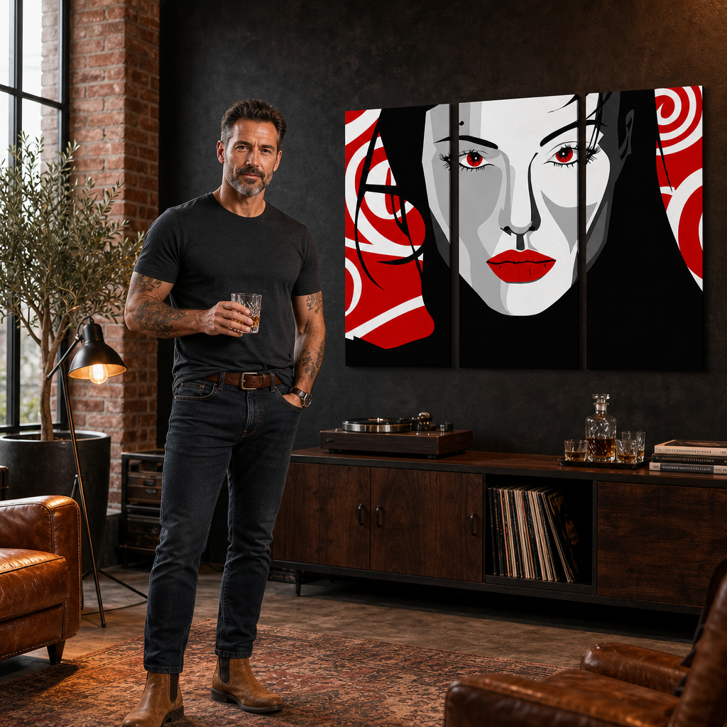 Ručno oslikana POP art slika Lepa ŽENA od 3 dela nwoman – слика у модерном мушком ентеријеру, lifestyle визуелизација. Доминантне боје: црна, црвена, бела.