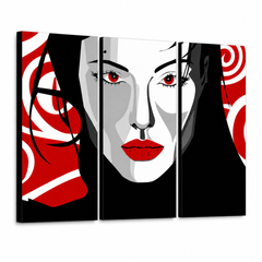 Ručno oslikana POP art slika Lepa ŽENA od 3 dela nwoman – 3D визуелизација ручно осликаног платна на белој позадини. Доминантне боје: црна, црвена, бела.