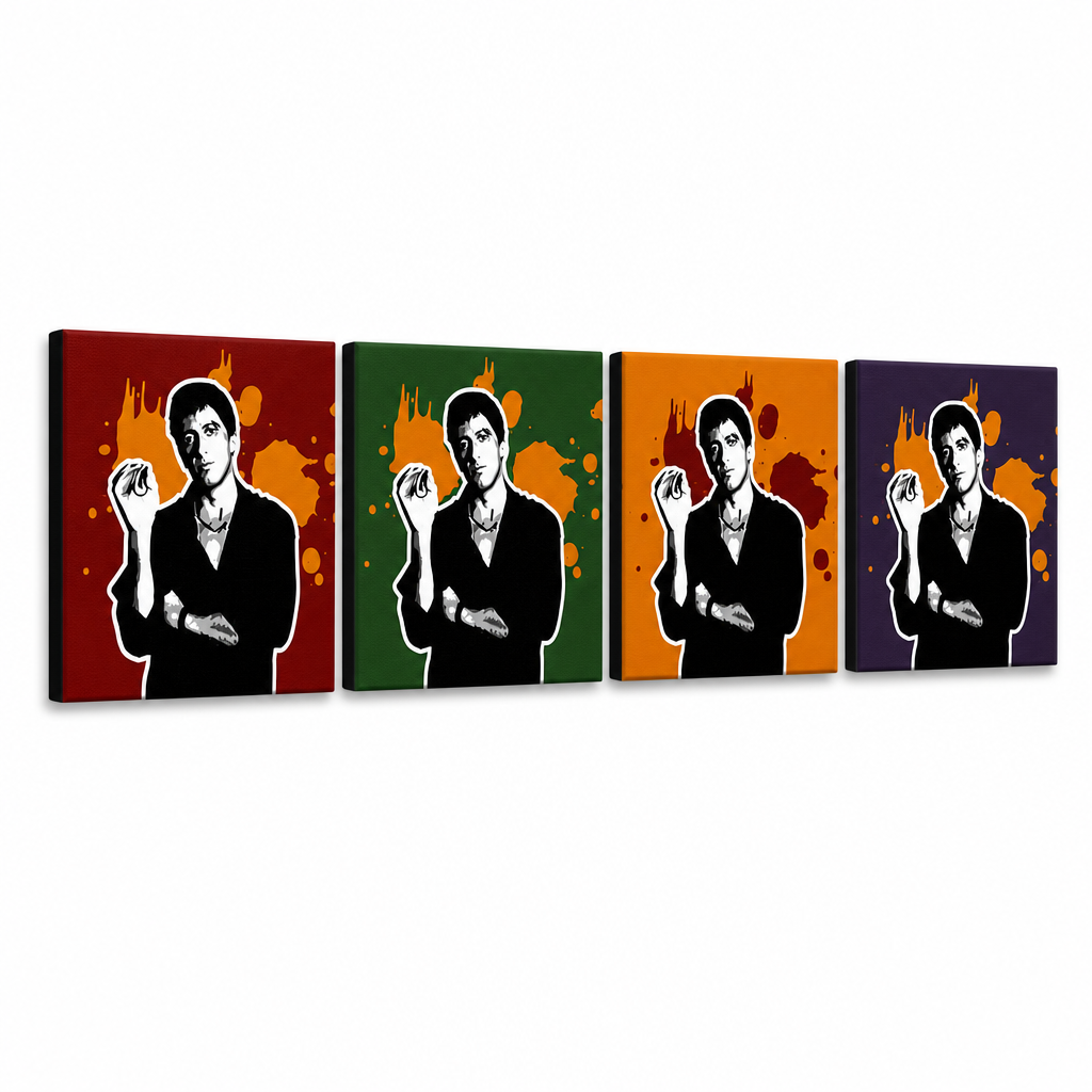 Ručno oslikana POP Art slika Lice sa ožiljkom - AL PAĆINO 4 dela 200x50cm al37 – 3D визуелизација ручно осликаног платна на белој позадини. Доминантне боје: црна, наранџаста, црвена, зелена, љубичаста.