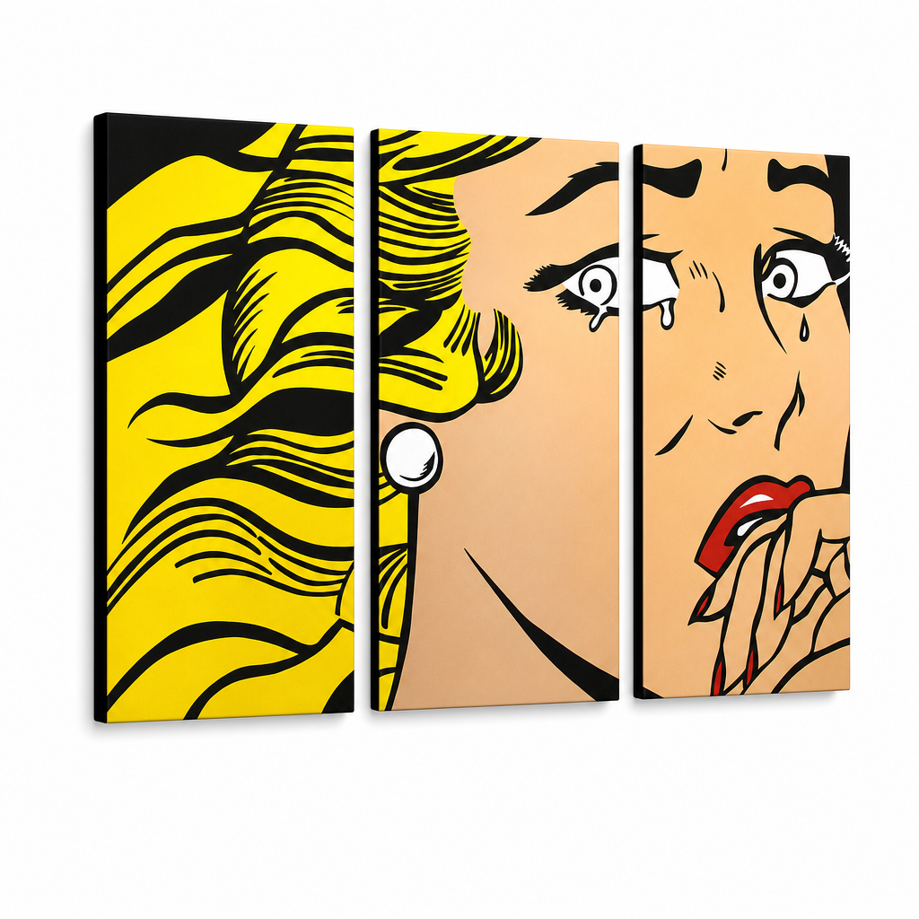 Ručno oslikana POP art slika LIHTENŠTAJN, 3 dela, 3 litre/x2 – 3D визуелизација ручно осликаног платна на белој позадини. Доминантне боје: жута, црна, розе.