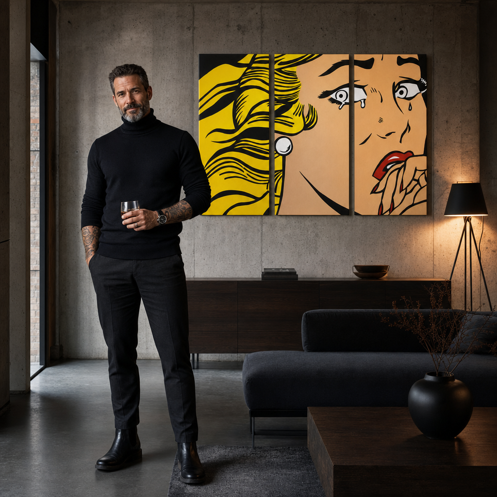Ručno oslikana POP art slika LIHTENŠTAJN, 3 dela, 3 litre/x2 – слика у модерном мушком ентеријеру, lifestyle визуелизација. Доминантне боје: жута, црна, розе.