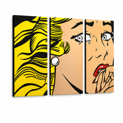 Ručno oslikana POP art slika LIHTENŠTAJN, 3 dela, 3 litre/x2 – 3D визуелизација ручно осликаног платна на белој позадини. Доминантне боје: жута, црна, розе.