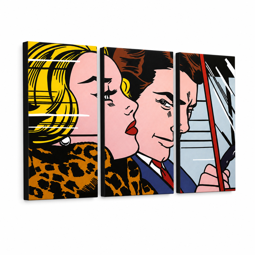 Ručno oslikana POP art slika LIHTENŠTAJN od 3 dela li4 – 3D визуелизација ручно осликаног платна на белој позадини. Доминантне боје: жута, црна, розе, плава, смеђа.