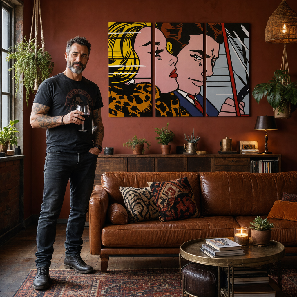 Ručno oslikana POP art slika LIHTENŠTAJN od 3 dela li4 – слика у модерном мушком ентеријеру, lifestyle визуелизација. Доминантне боје: жута, црна, розе, плава, смеђа.