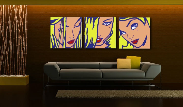 Pop art slika s motivom LICHTENSTEIN u plavo-crvenih nijansama | Ručno slikan POP Art slika LICHTENSTEIN, lepota i ikonografija – pregled