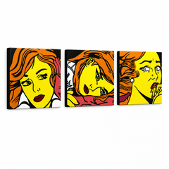 Ručno oslikana POP art slika LIHTENŠTAJN od 3 dela li7 – 3D визуелизација ручно осликаног платна на белој позадини. Доминантне боје: жута, црна, наранџаста.