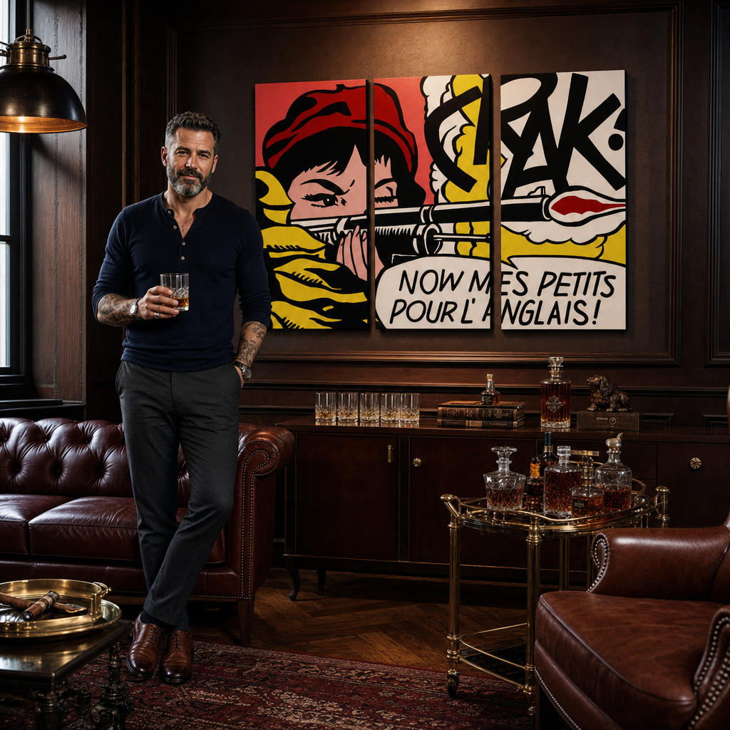 Ručno oslikana POP art slika LIHTENŠTAJN od 3 dela li8 – слика у модерном мушком ентеријеру, lifestyle визуелизација. Доминантне боје: црвена, жута, црна, бела, наранџаста.