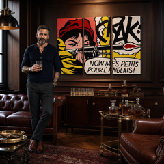 Ručno oslikana POP art slika LIHTENŠTAJN od 3 dela li8 – слика у модерном мушком ентеријеру, lifestyle визуелизација. Доминантне боје: црвена, жута, црна, бела, наранџаста.