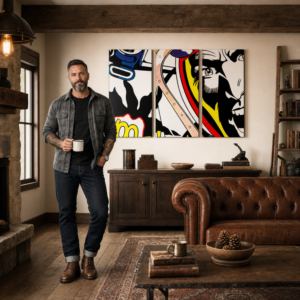 Ručno oslikana POP art slika LIHTENŠTAJN od 3 dela – слика у модерном мушком ентеријеру, lifestyle визуелизација. Доминантне боје: црна, жута, црвена, плава, бела.