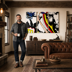 Ručno oslikana POP art slika LIHTENŠTAJN od 3 dela – слика у модерном мушком ентеријеру, lifestyle визуелизација. Доминантне боје: црна, жута, црвена, плава, бела.