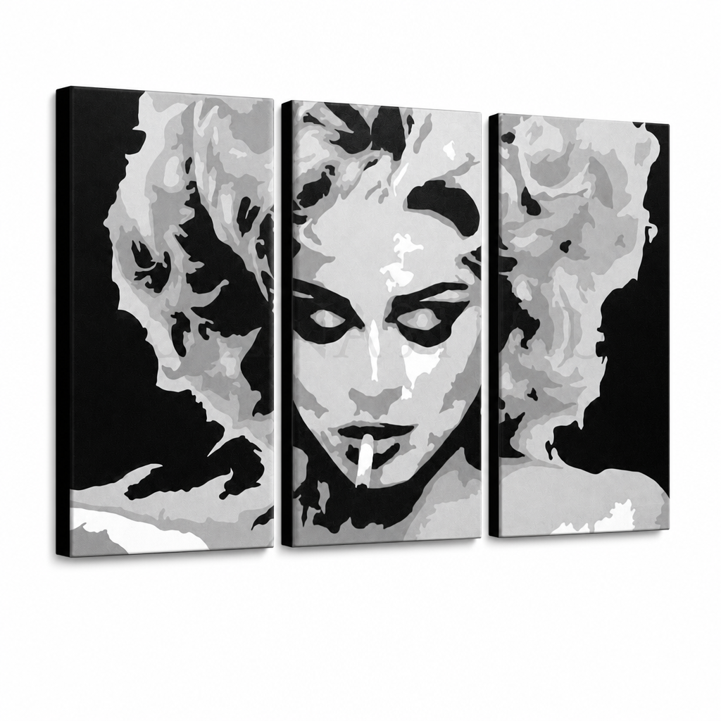 Ručno oslikana POP Art slika MADONA od 3 dela ma2 – 3D визуелизација ручно осликаног платна на белој позадини. Доминантне боје: црна, сива, бела.