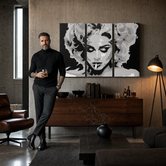 Ručno oslikana POP Art slika MADONA od 3 dela ma2 – слика у модерном мушком ентеријеру, lifestyle визуелизација. Доминантне боје: црна, сива, бела.