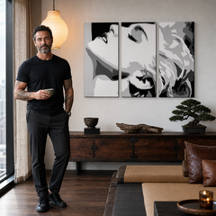 Ručno oslikana POP Art slika MADONA od 3 dela ma5 – слика у модерном мушком ентеријеру, lifestyle визуелизација. Доминантне боје: bielá, црна, сива.
