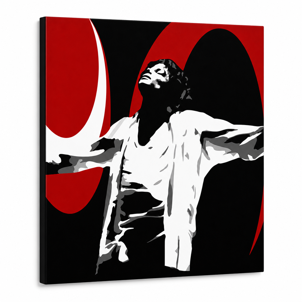 Ručno oslikana POP art slika Majkla Džeksona 1 deo mj1 – 3D визуелизација ручно осликаног платна на белој позадини. Доминантне боје: црна, црвена, бела.