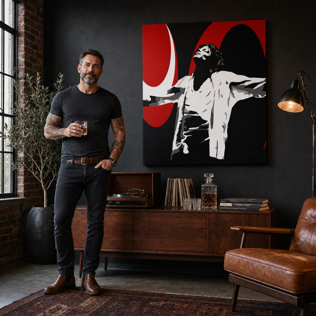 Ručno oslikana POP art slika Majkla Džeksona 1 deo mj1 – слика у модерном мушком ентеријеру, lifestyle визуелизација. Доминантне боје: црна, црвена, бела.