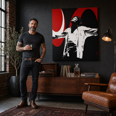 Ručno oslikana POP art slika Majkla Džeksona 1 deo mj1 – слика у модерном мушком ентеријеру, lifestyle визуелизација. Доминантне боје: црна, црвена, бела.