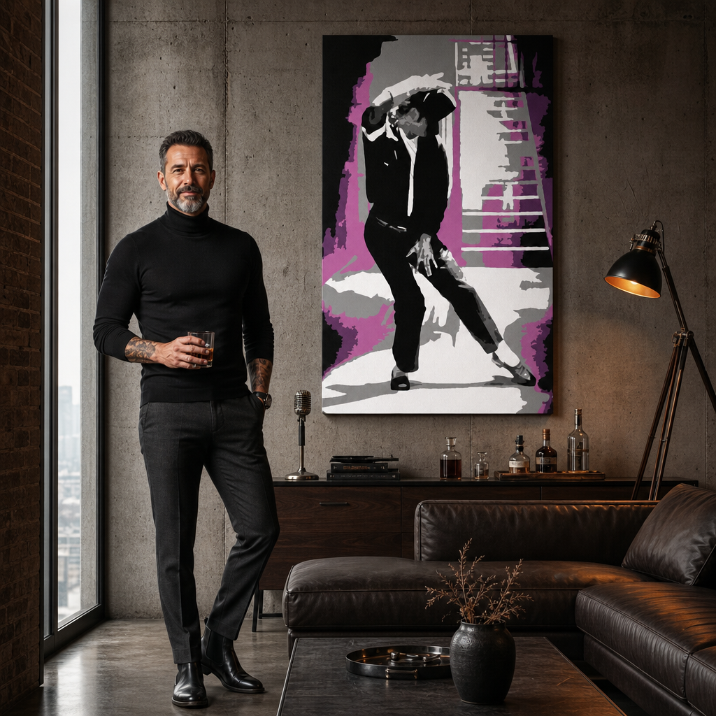 Ručno oslikana POP art slika Majkla Džeksona 1 komad mj3 – слика у модерном мушком ентеријеру, lifestyle визуелизација. Доминантне боје: црна, розе, сива, бела.