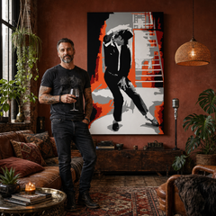 Ručno oslikana POP art slika Majkla Džeksona 1 komad mj4 – слика у модерном мушком ентеријеру, lifestyle визуелизација. Доминантне боје: црна, црвена, наранџаста, бела, сива.