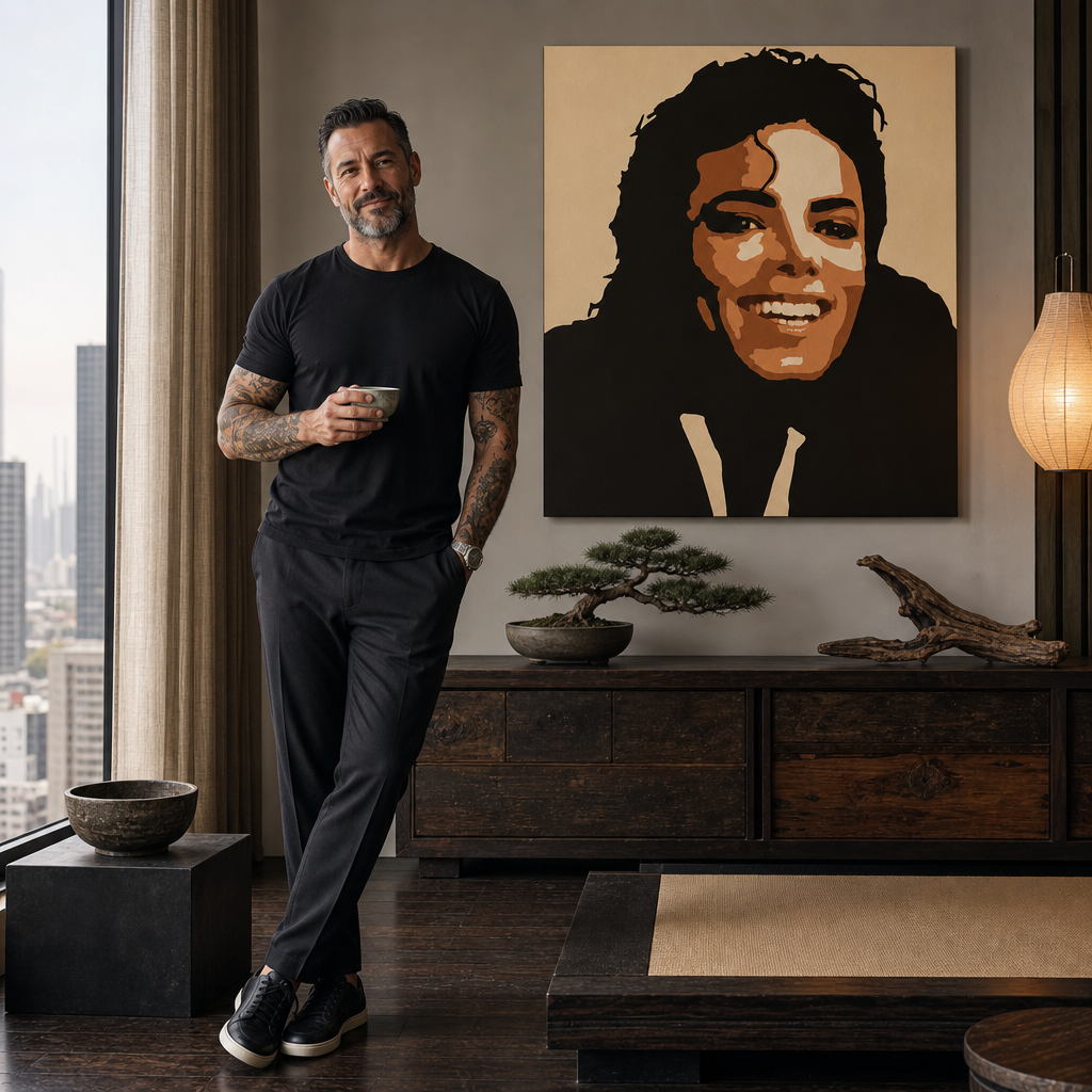 Ručno oslikana POP art slika Majkla Džeksona 1 komad mj6 – слика у модерном мушком ентеријеру, lifestyle визуелизација. Доминантне боје: смеђа, наранџаста, црна, беж.