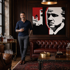 Ručno oslikana POP art slika Marlon Brando 1 komad mb8 – слика у модерном мушком ентеријеру, lifestyle визуелизација. Доминантне боје: црна, бела, црвена.