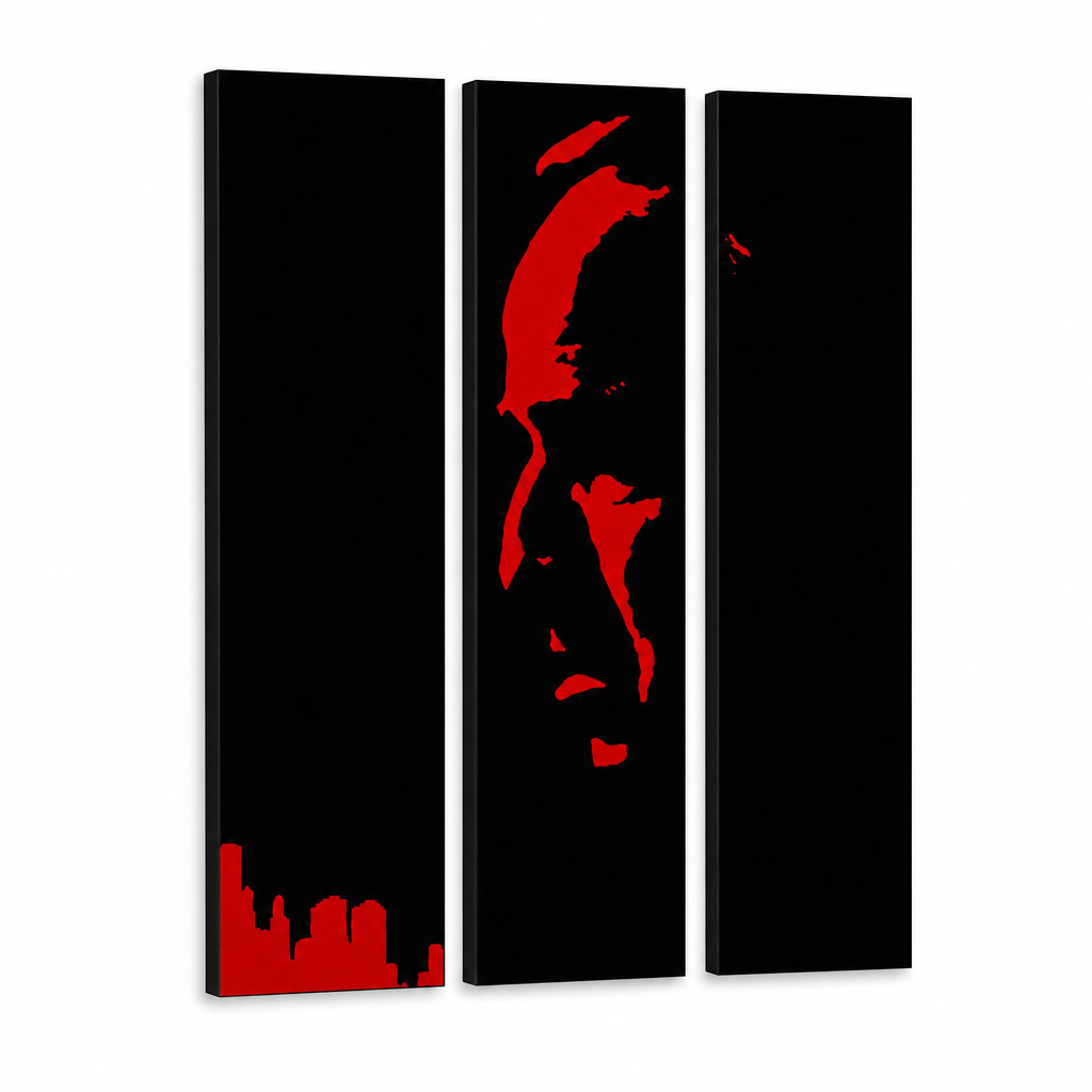 Ručno oslikana POP art slika Marlon Brando 3 dela bez glutena – 3D визуелизација ручно осликаног платна на белој позадини. Доминантне боје: црна, црвена.