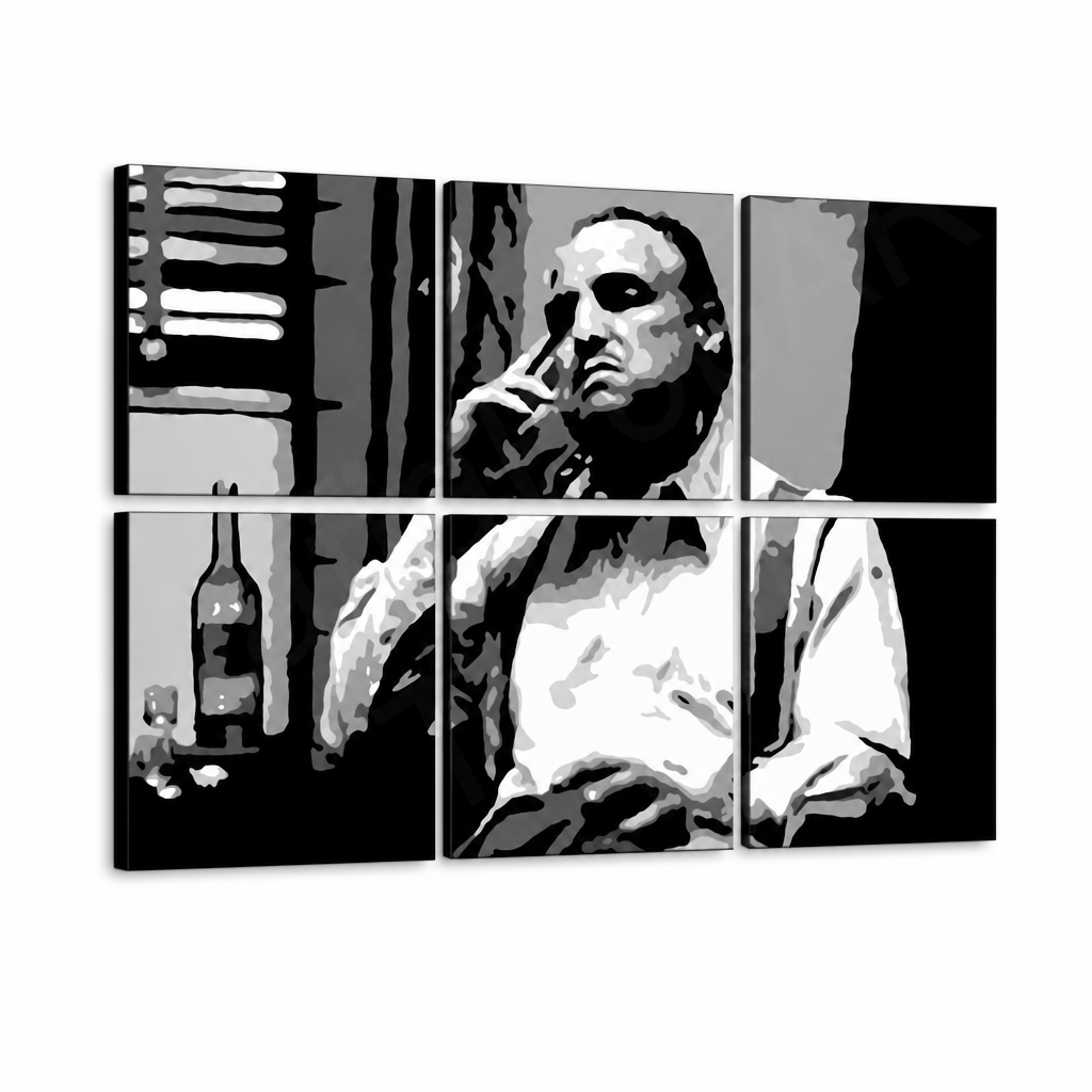 Ručno oslikana POP art slika MARLON BRANDO, 6 delova, mb9 – 3D визуелизација ручно осликаног платна на белој позадини. Доминантне боје: црна, бела, сива.