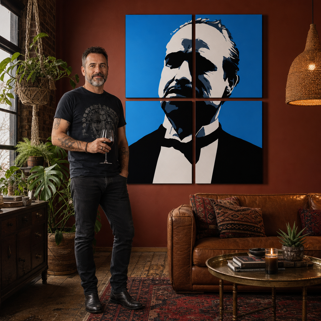 Ručno oslikana POP art slika Marlona Branda iz 4 dela, mb4 – слика у модерном мушком ентеријеру, lifestyle визуелизација. Доминантне боје: плава, црна, бела.