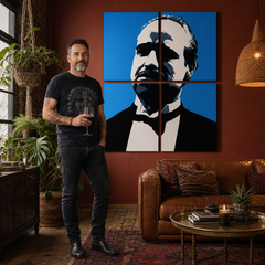Ručno oslikana POP art slika Marlona Branda iz 4 dela, mb4 – слика у модерном мушком ентеријеру, lifestyle визуелизација. Доминантне боје: плава, црна, бела.