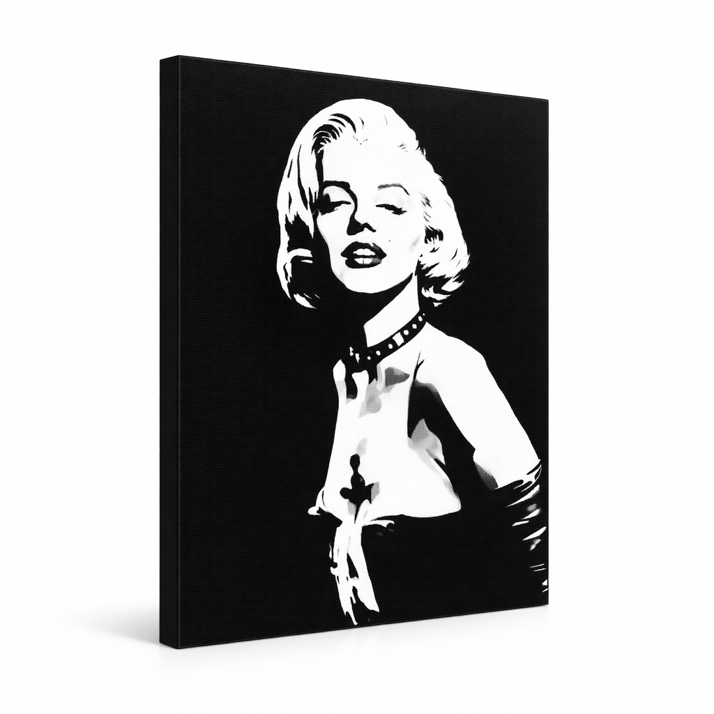 Ručno oslikana POP art slika Merilin Monro 1 komad mon5 – 3D визуелизација ручно осликаног платна на белој позадини. Доминантне боје: црна, бела, сива.