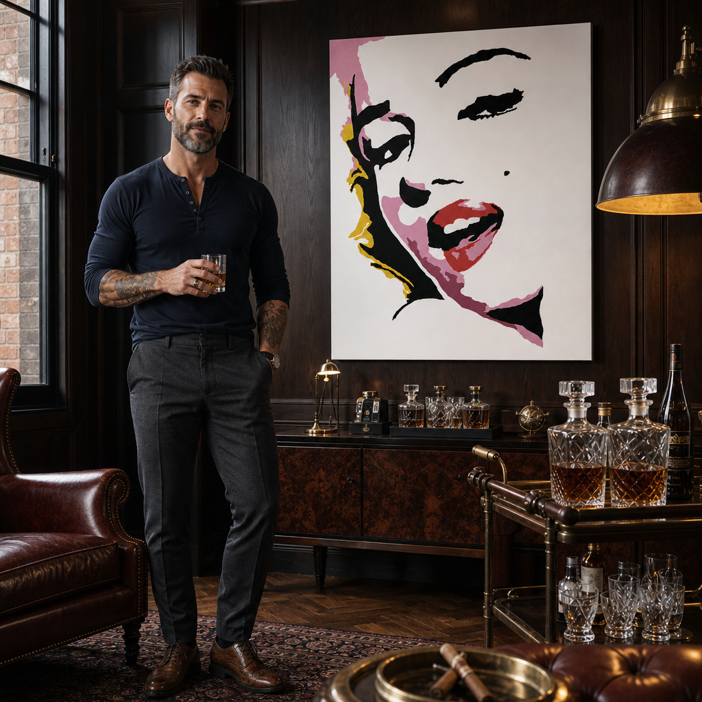 Ručno oslikana POP art slika Merilin Monro 1 komad pon7 – слика у модерном мушком ентеријеру, lifestyle визуелизација. Доминантне боје: розе, црвена, црна, жута, сива.