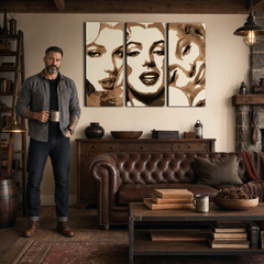Ručno oslikana POP art slika Merilin Monro, 3 dela, mon1 – слика у модерном мушком ентеријеру, lifestyle визуелизација. Доминантне боје: беж, смеђа, црна.