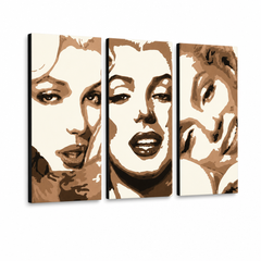 Ručno oslikana POP art slika Merilin Monro, 3 dela, mon1 – 3D визуелизација ручно осликаног платна на белој позадини. Доминантне боје: беж, смеђа, црна.