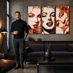Ručno oslikana POP art slika Merilin Monro, 3 dela, mon2 – слика у модерном мушком ентеријеру, lifestyle визуелизација. Доминантне боје: наранџаста, смеђа, бела.