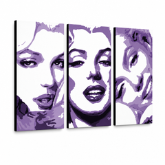 Ručno oslikana POP art slika Merilin Monro, 3 dela, mon4 – 3D визуелизација ручно осликаног платна на белој позадини. Доминантне боје: љубичаста, бела, црна.