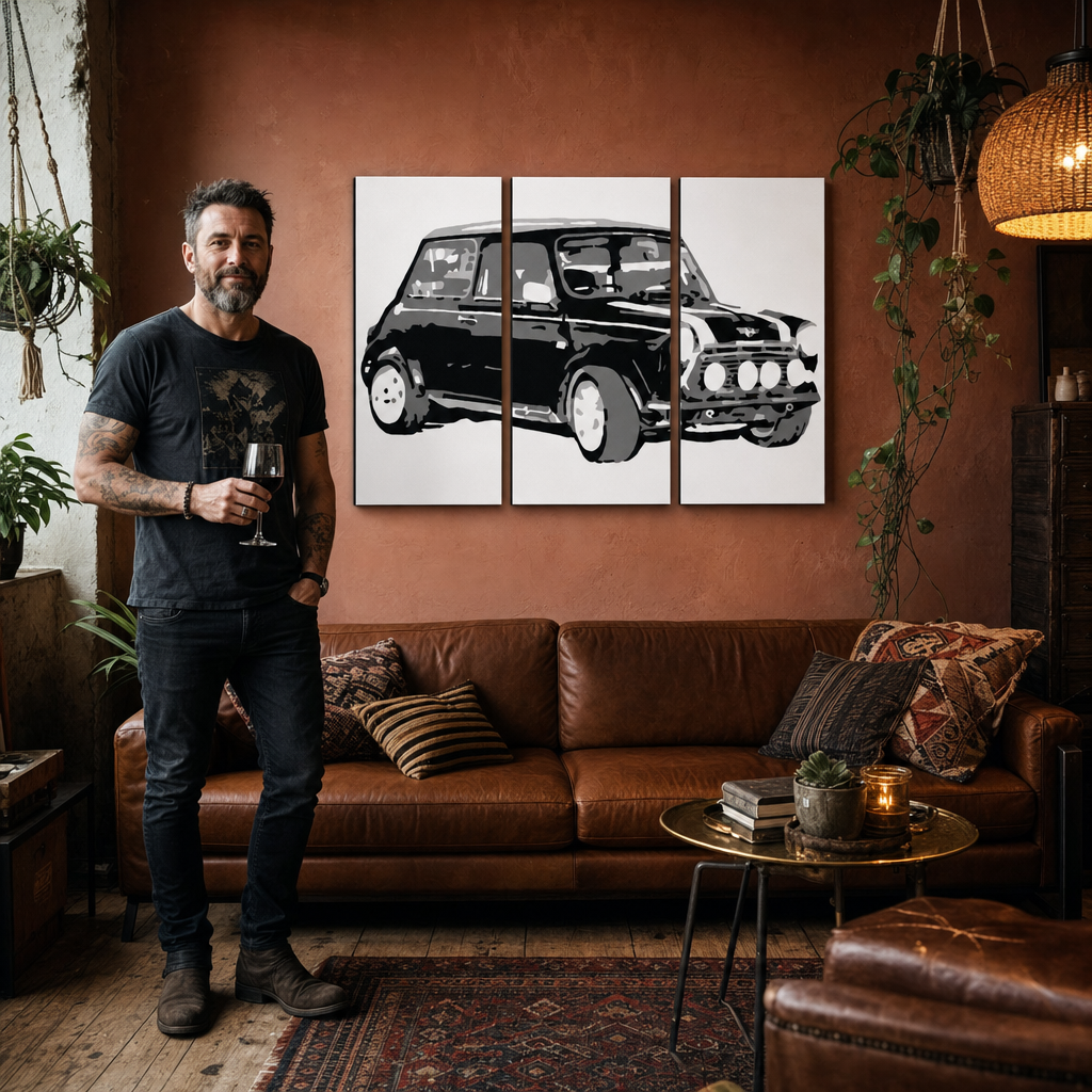 Ručno oslikana POP art slika MINI KUPER od 3 dela, mini – слика у модерном мушком ентеријеру, lifestyle визуелизација. Доминантне боје: црна, бела, сива.