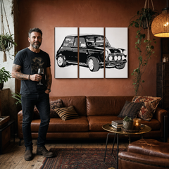 Ručno oslikana POP art slika MINI KUPER od 3 dela, mini – слика у модерном мушком ентеријеру, lifestyle визуелизација. Доминантне боје: црна, бела, сива.