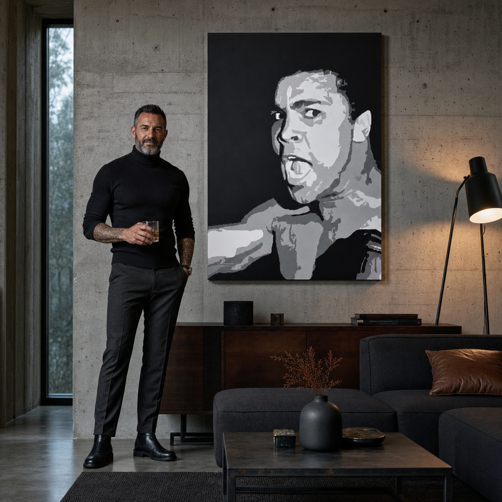 Ručno oslikana POP art slika Muhamed Ali 1 komad ali – слика у модерном мушком ентеријеру, lifestyle визуелизација. Доминантне боје: црна, сива, бела.