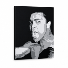 Ručno oslikana POP art slika Muhamed Ali 1 komad ali – 3D визуелизација ручно осликаног платна на белој позадини. Доминантне боје: црна, сива, бела.