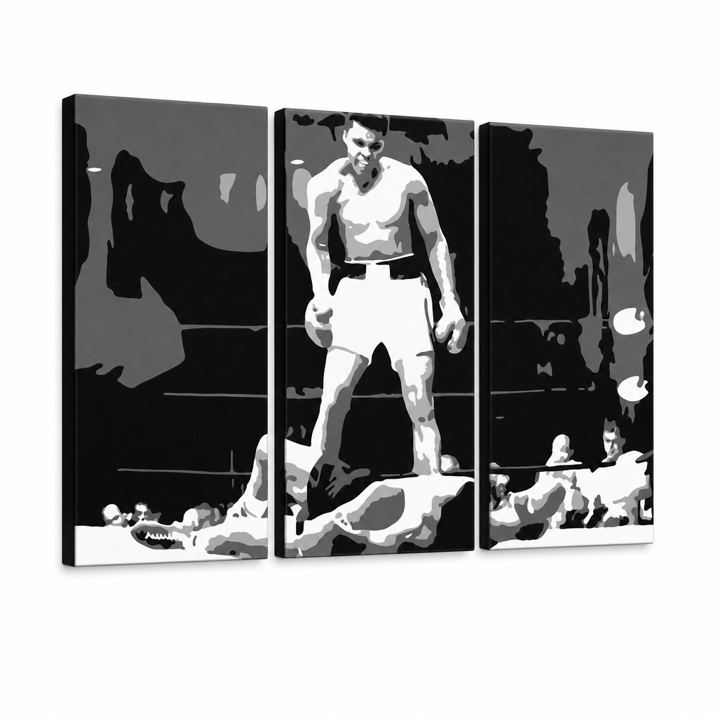 Ručno oslikana POP art slika Muhamed Ali od 3 dela ali2 – 3D визуелизација ручно осликаног платна на белој позадини. Доминантне боје: црна, бела, сива.