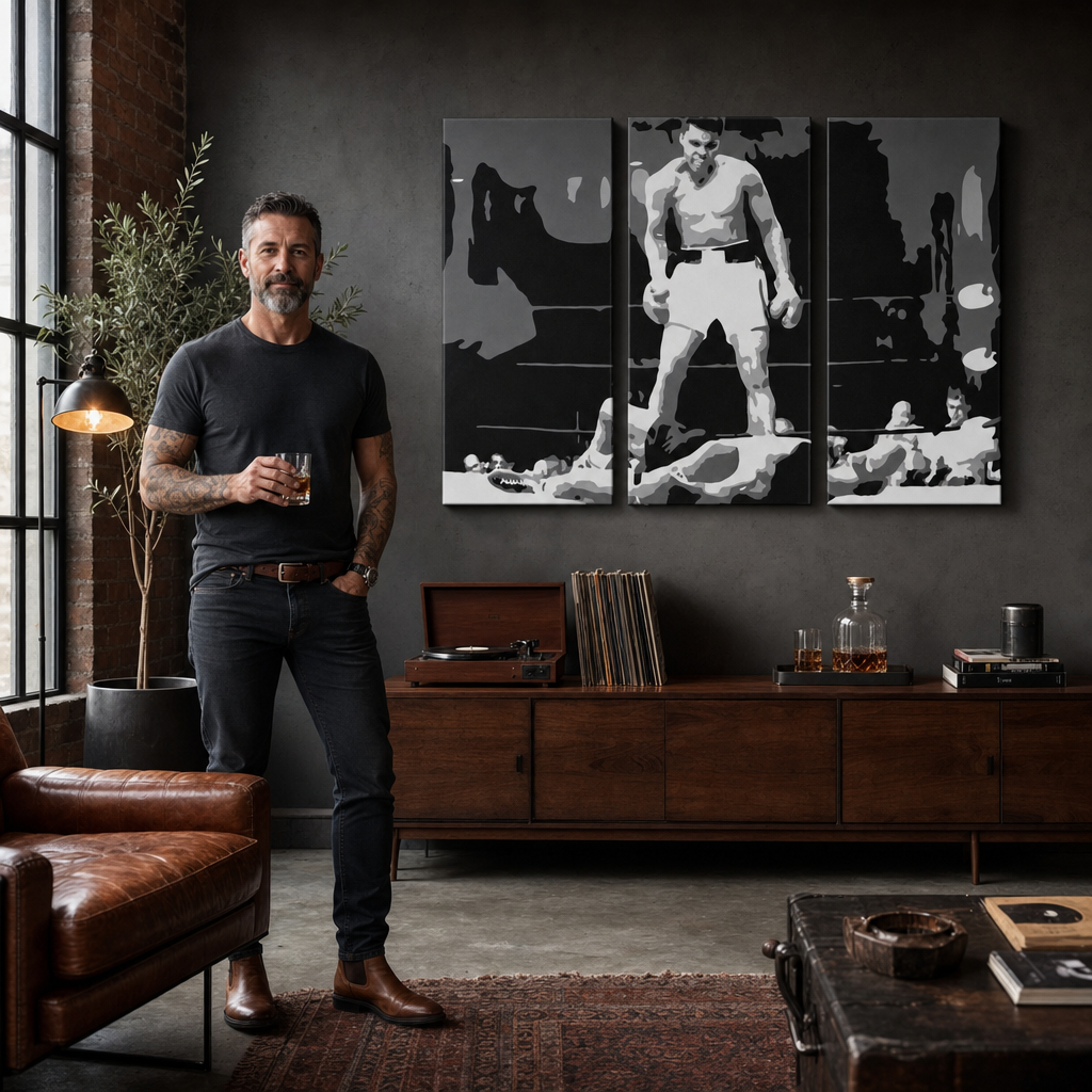 Ručno oslikana POP art slika Muhamed Ali od 3 dela ali2 – слика у модерном мушком ентеријеру, lifestyle визуелизација. Доминантне боје: црна, бела, сива.